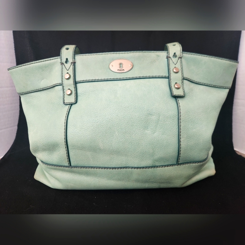 Fossil Mint Green Leather Shoulder Bag 16" wide 10" tall 4" deep Minor Flaws